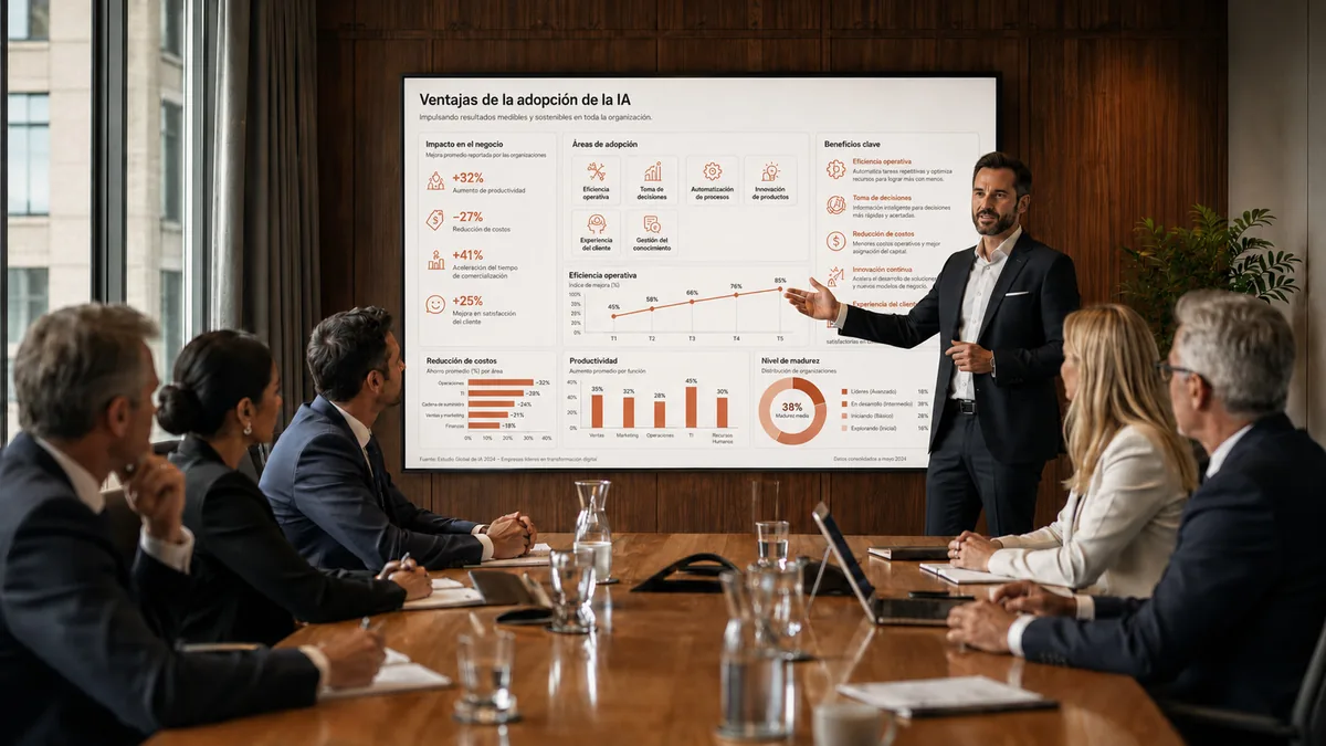 Consultor presentando métricas de adopción de IA a un equipo directivo
