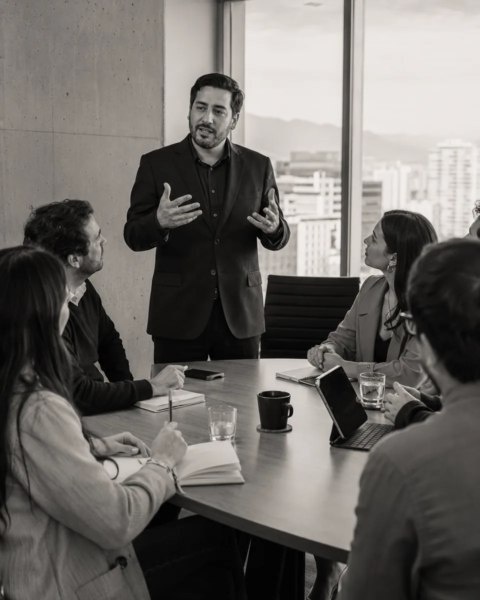 Consultor presentando a equipo en sesión de trabajo